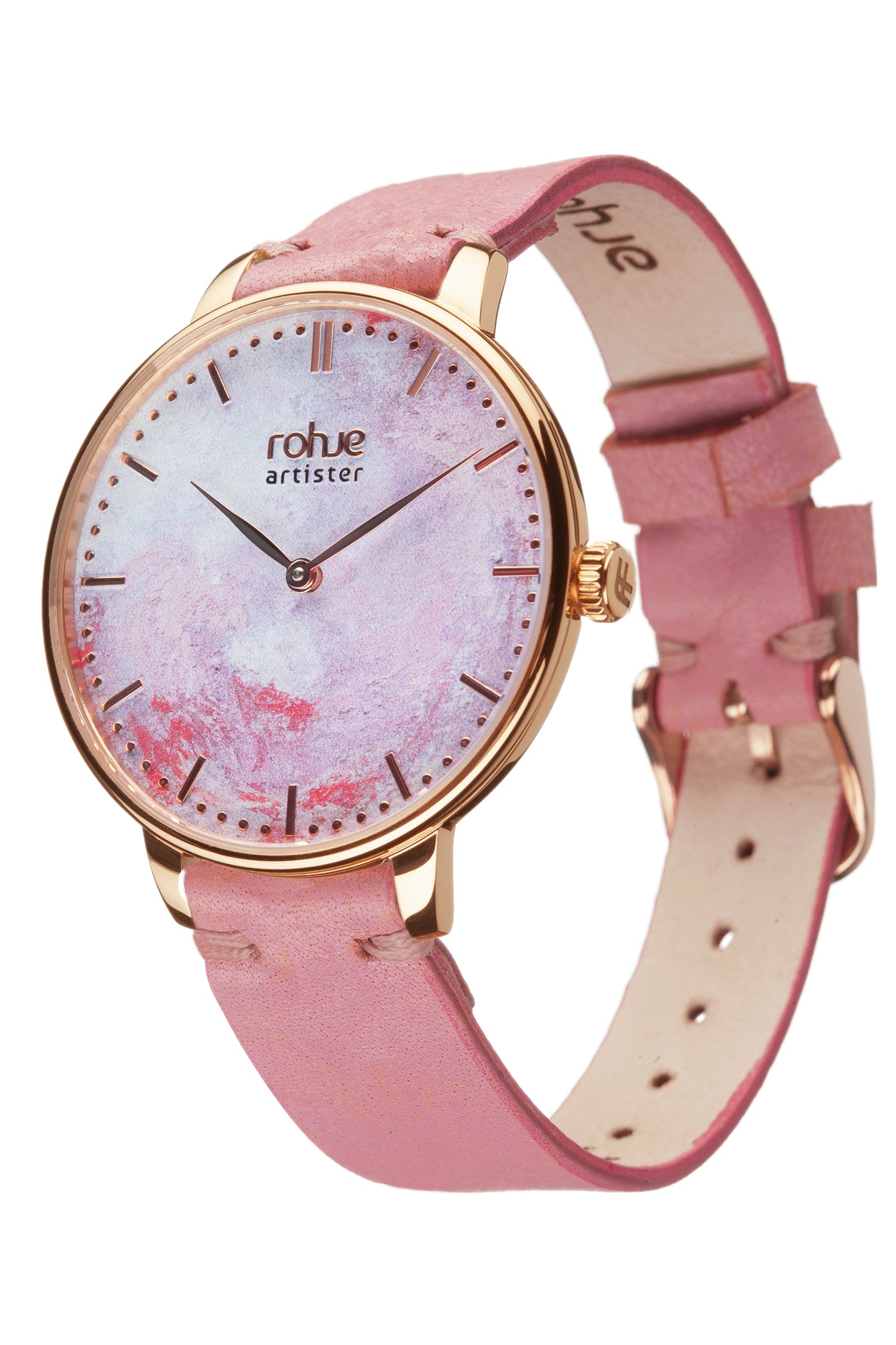 Rohje Artister Dreamy Pink vaaleanpunaisella poronnahkarannekkeella sivulta #strap_pink-reindeer-leather